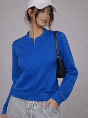 Simons royal blue neoprene bomber zipper jacket size medium